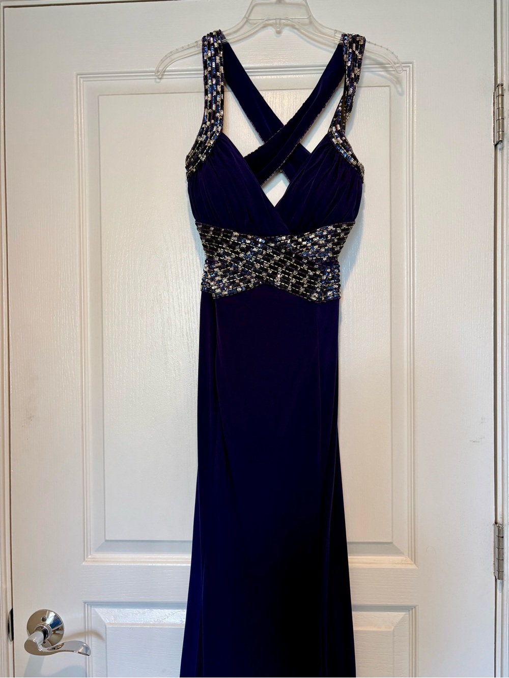 Elegant Navy Beaded Evening Gown - Sleeveless Crisscross Back